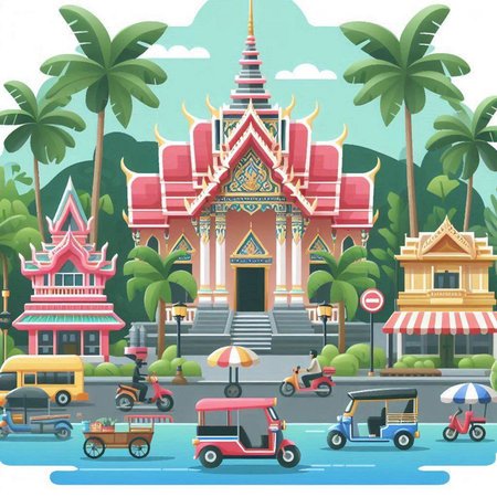 Buddhist temple in Thailand. Vector illustration in cartoon style.のイラスト素材