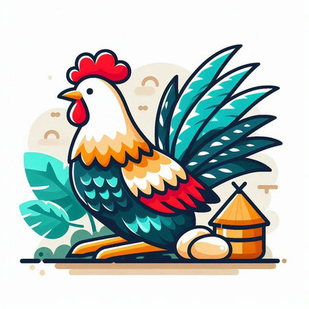 Rooster vector illustration. Cute cartoon rooster with eggs.のイラスト素材