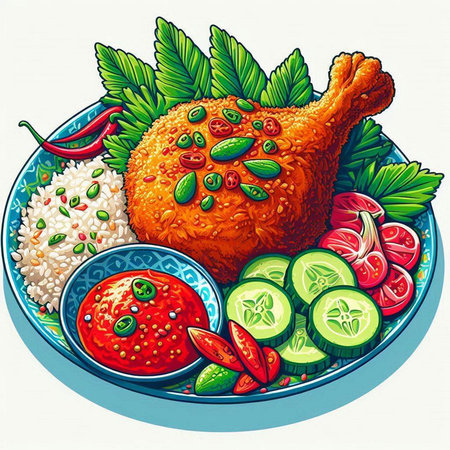 Vector illustration of fried chicken with rice and vegetables in a plate.のイラスト素材