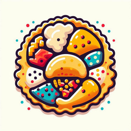 Illustration of a colorful round biscuit with fruit and berries.のイラスト素材