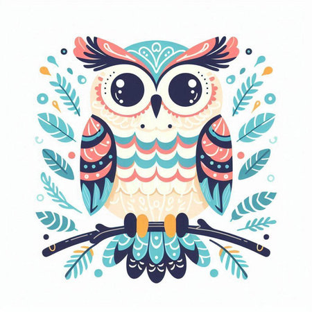 Hand drawn vector illustration of a cute owl on a tree branch.のイラスト素材