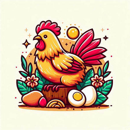 Cute cartoon rooster with eggs and flowers. Vector illustration.のイラスト素材