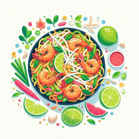 Noodles with shrimps and vegetables, vector illustration.のイラスト素材
