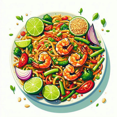 Illustration of a bowl of noodles with shrimps and vegetablesのイラスト素材