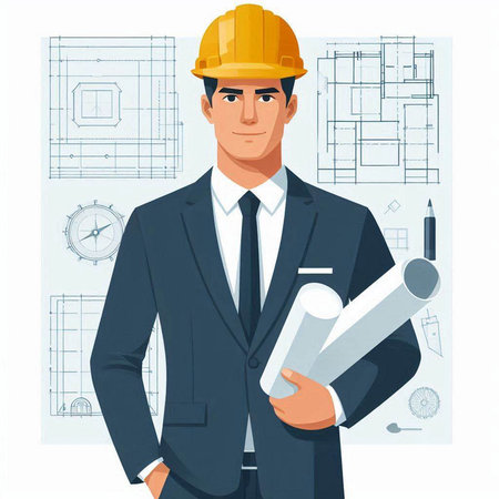 Architect in a helmet with plans. Vector illustration in cartoon style.のイラスト素材