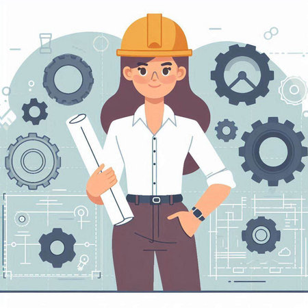 Engineer woman with blueprints. Vector illustration in flat style.のイラスト素材