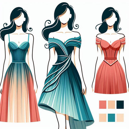 Fashion illustration of beautiful women in elegant evening dresses. Vector illustration.のイラスト素材
