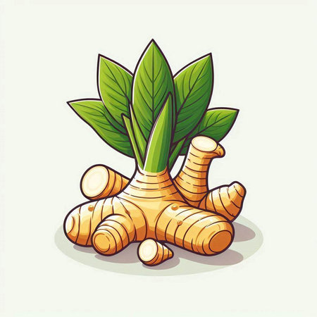 Ginger root and leaves isolated on white background. Vector illustration.のイラスト素材