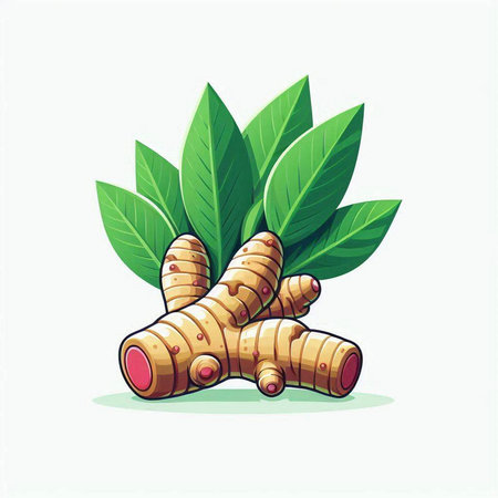 Ginger root and leaves isolated on white background. Vector illustration.のイラスト素材