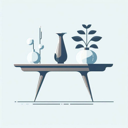Vintage table with vases and plants. Vector illustration in flat styleのイラスト素材