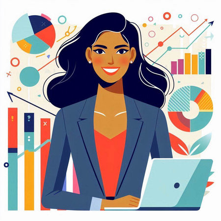Vector illustration of a young business woman with a laptop in her handsのイラスト素材