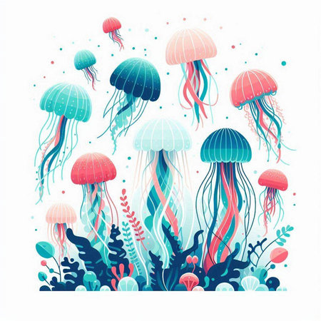 Jellyfish and seaweed. Underwater world. Vector illustration.のイラスト素材