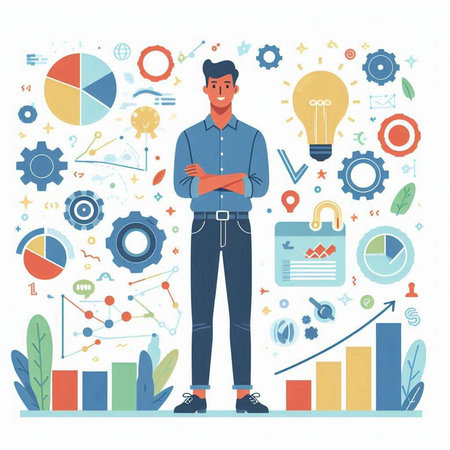 Businessman standing with crossed arms. Vector illustration in flat style.のイラスト素材