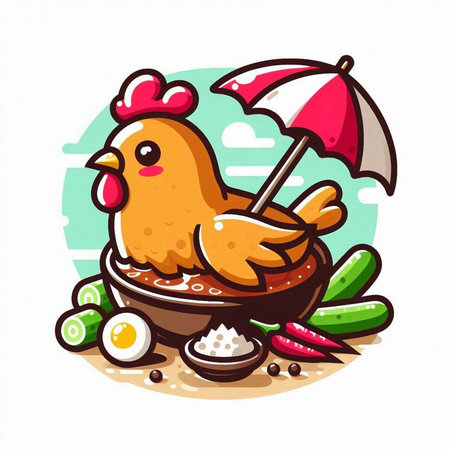 Illustration of a chicken in a bowl with rice and vegetables.のイラスト素材