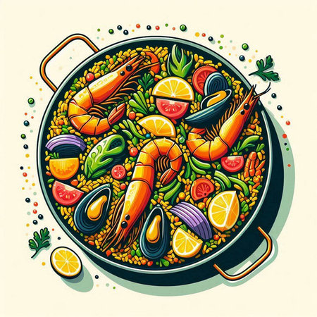 Vector illustration of seafood paella in a frying pan. Colorful vector illustration.のイラスト素材
