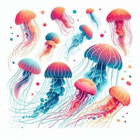 Jellyfish set. Vector illustration of sea life. Cartoon style.のイラスト素材