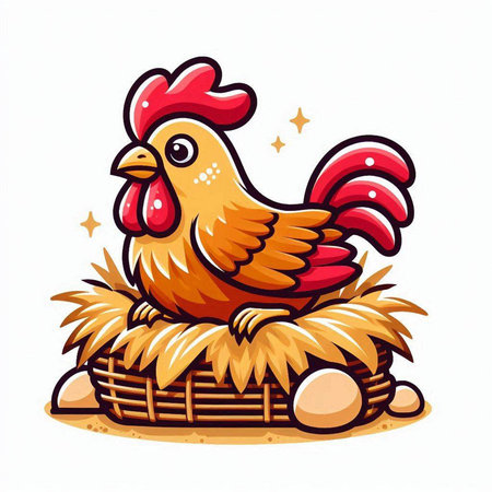 Vector illustration of a cute rooster sitting in a basket with eggsのイラスト素材
