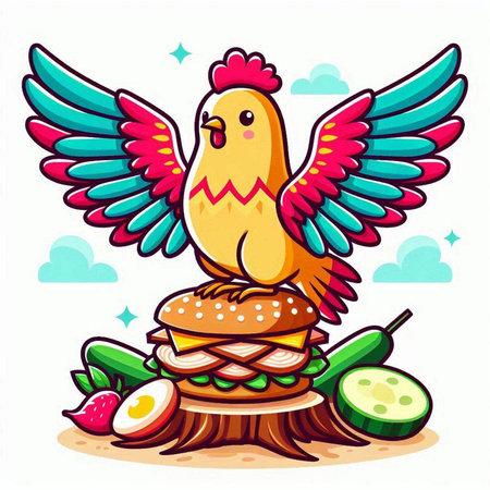 Vector illustration of a chicken on a stump with hamburger and vegetablesのイラスト素材