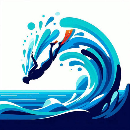 swimmer jumping into the water with splashes of water, vector illustrationのイラスト素材