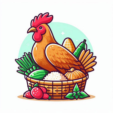 Vector illustration of a rooster in a basket with vegetables and fruitsのイラスト素材