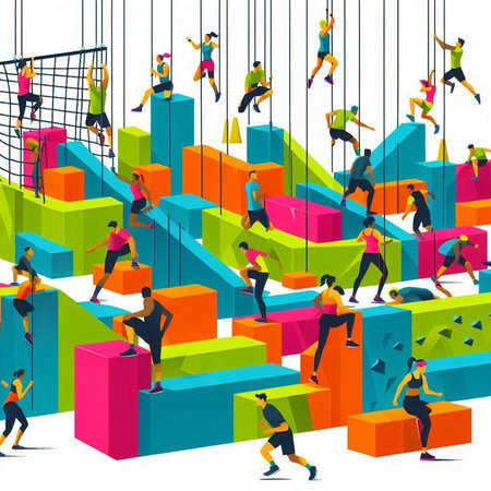 Vector illustration of a group of people climbing a wall of cubes.のイラスト素材