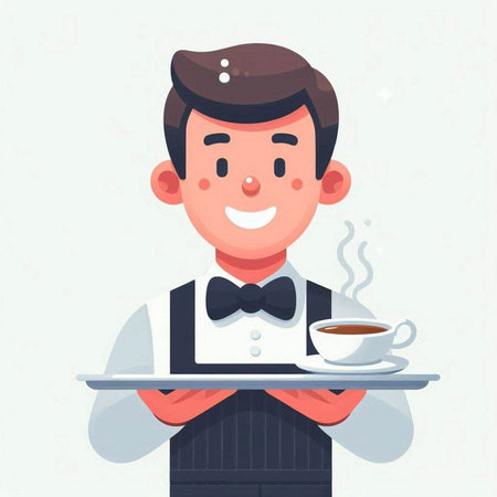 Waiter holding a tray with a cup of coffee. Vector illustration.のイラスト素材