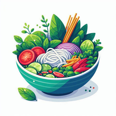 Vegetable salad in a bowl with chopsticks. Vector illustration.のイラスト素材