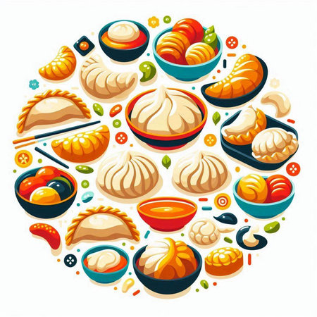 Chinese food round composition with chinese dumplings and other dishes vector illustrationのイラスト素材