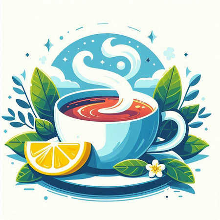 Cup of tea with lemon and green leaves. Vector illustration.のイラスト素材