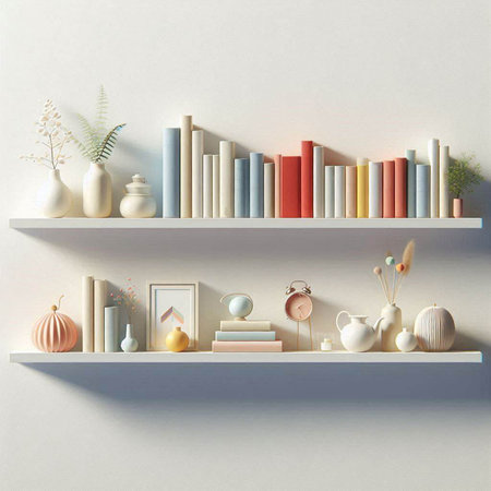 White bookshelf with books and decorations. 3D rendering.のイラスト素材