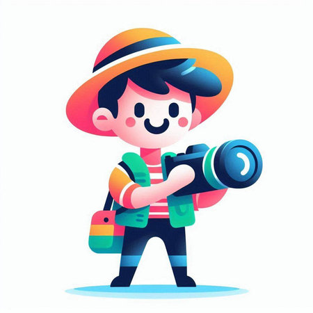 Photographer boy in hat holding camera. Vector illustration in cartoon styleのイラスト素材