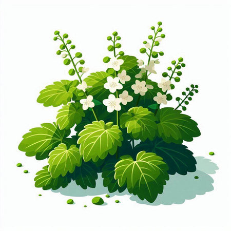 Illustration of a bunch of green leaves and flowers on a white backgroundのイラスト素材