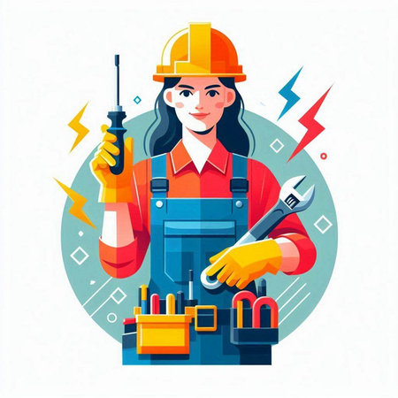 Female worker with tools. Vector illustration in flat cartoon style on white background.のイラスト素材