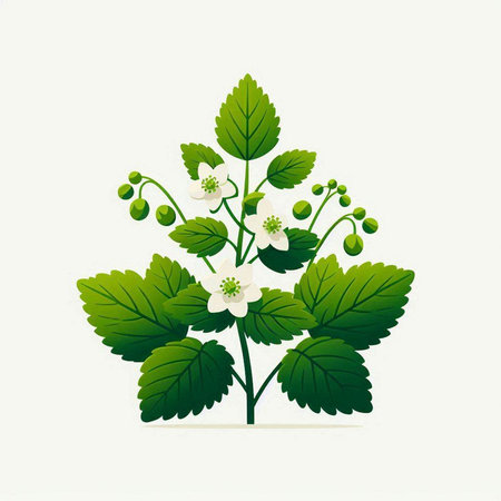Strawberry branch with green leaves and flowers. Vector illustration.のイラスト素材