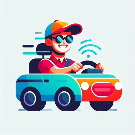 Vector illustration of a man driving a car. Flat cartoon style.のイラスト素材