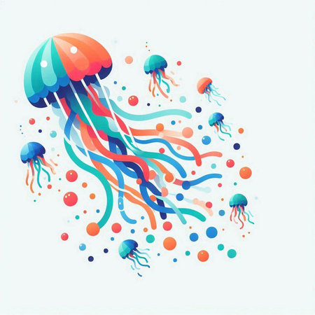 Colorful jellyfishes on white background. Hand drawn vector illustration.のイラスト素材