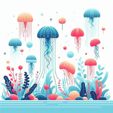 Underwater world with jellyfishes and seaweed. Vector illustration.のイラスト素材