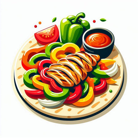 Illustration of grilled vegetables on wooden board with ketchup and pepperのイラスト素材