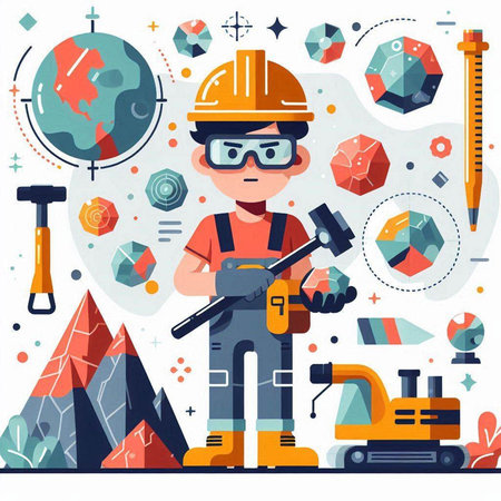 Engineer with tools and equipment. Vector illustration in flat style.のイラスト素材