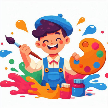 Cute little artist boy with paint palette and brush. Vector illustrationのイラスト素材