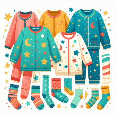 Children's clothing set. Knitted clothes, socks, pajamas. Vector illustrationのイラスト素材