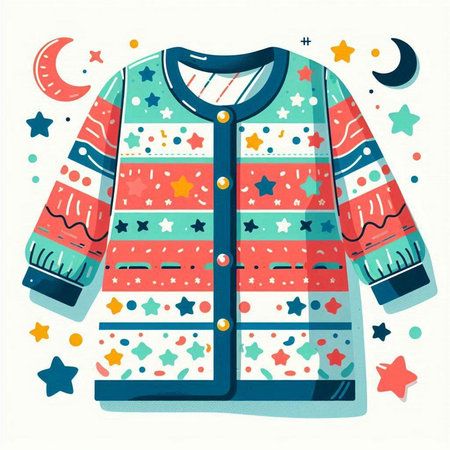 Vector illustration of a winter jacket with a pattern of stars and snowflakesのイラスト素材