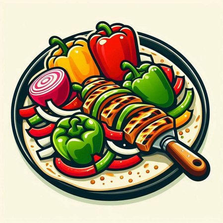 Illustration of grilled meat with vegetables on the plate. Vector illustration.のイラスト素材