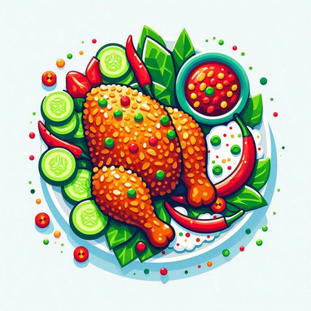 Illustration of a fried chicken on a plate with ketchup and cucumberのイラスト素材