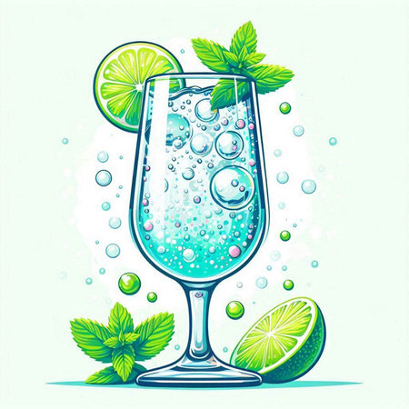 Cocktail with lime, mint and ice. Vector illustration.のイラスト素材