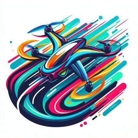 Drone vector illustration, flying quadrocopter on colorful background.のイラスト素材