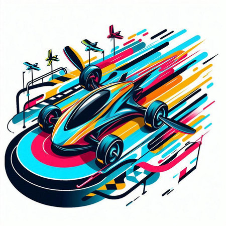 illustration of a racing car on a race track with colorful backgroundのイラスト素材