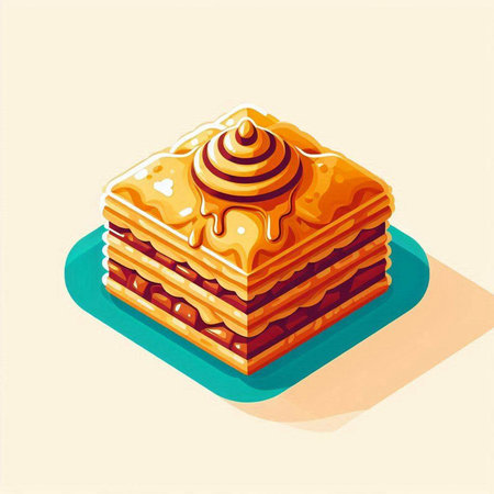 Isometric illustration of a piece of cake with honey on top.のイラスト素材