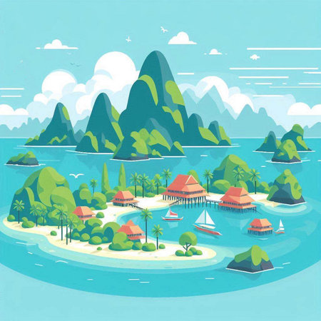 Landscape of tropical island. Vector illustration in flat cartoon style.のイラスト素材
