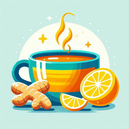 Cup of tea with ginger, lemon and turmeric. Vector illustration.のイラスト素材